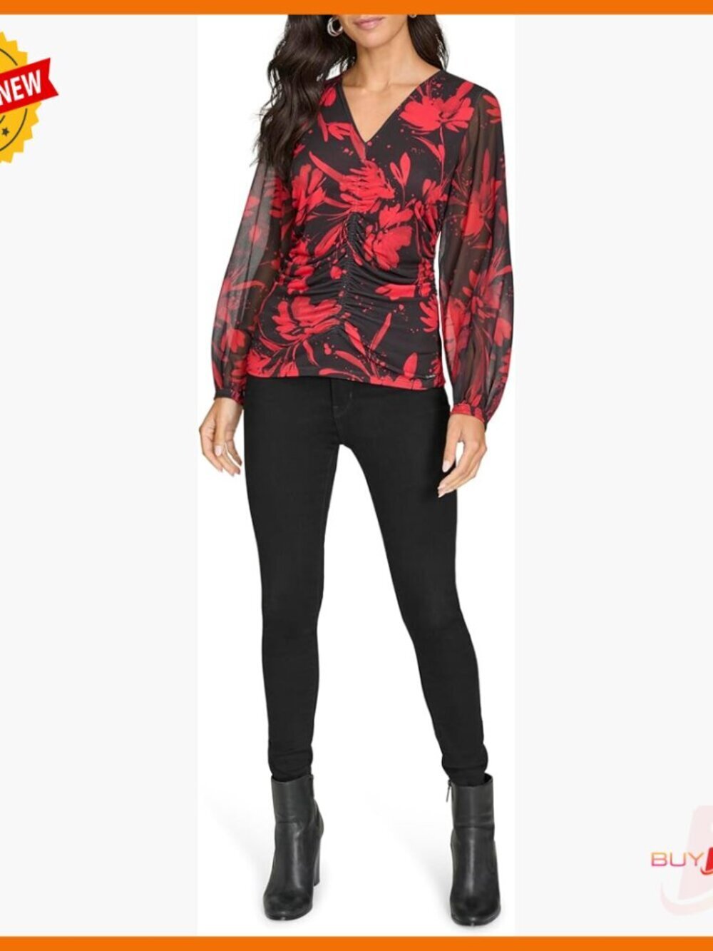Long Sleeve V-Neck Printed Top, Regular Fit, Jersey Material